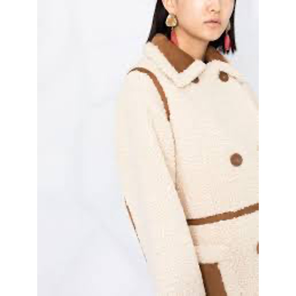 Ina Faux Shearling Suede Double Breasted Coat Jacket Cream Ivory Brown Pockets L - Picture 6 of 13